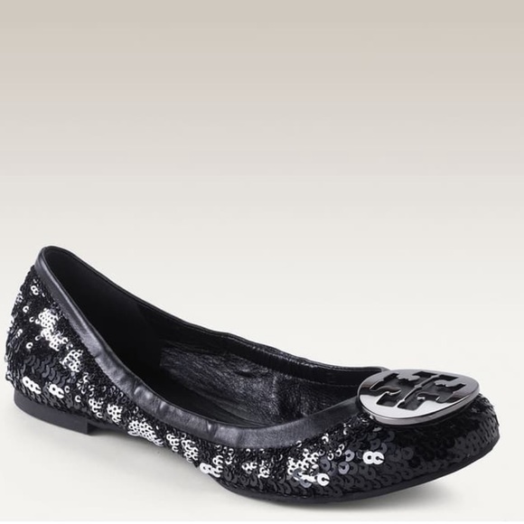 Tory Burch Shoes - Sequin tory burch black flats. Gunmetal symbol .
